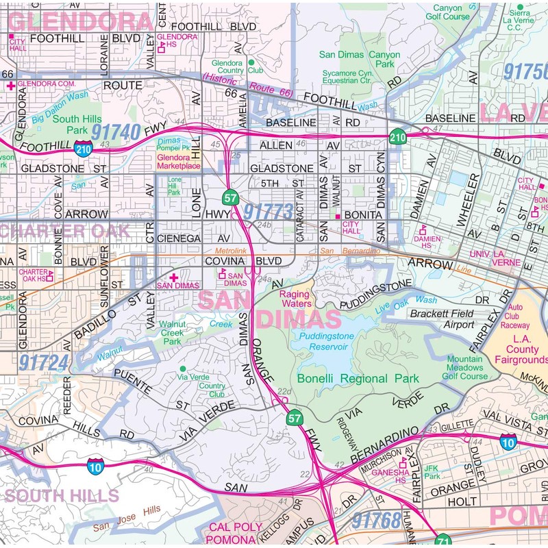 Metro Maps Los Angeles-Orange County-Riverside Detailed Region Wall Map (67"x44")