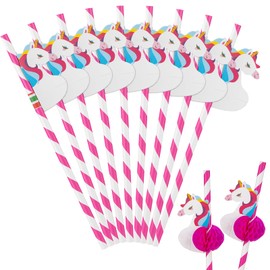 50 Pcs Unicorn Paper Straws, 7.76 Inches, Pink Striped with Decorative Toppers, Party Supplies