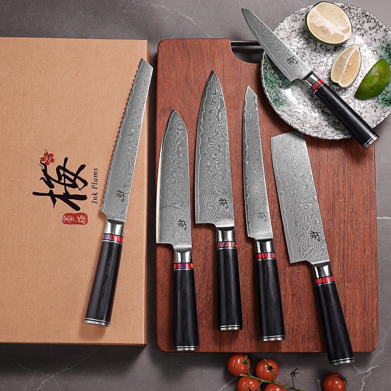 Damascus Steel Kitchen Knife Set, 6 Pieces, Chef's Knife, Santoku