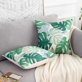 Velvhom Cushion Cover Green Leaves Sofa Cushion Spring Summer Decoration Outdoor Decorative Cushion Modern Cushion Cover Tropical Decorative Cushion for Garden Couch Sofa Living Room Bedroom Set of 2
