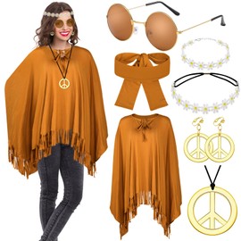 Hippie Costume Women's Set with Hippie Poncho Women and Accessories Carnival Fancy Dress Hippie Clothing Women's Boho Flower Power 60s 70s Clothing Women's Cowgirl Costume Poncho Disco Outfit Women
