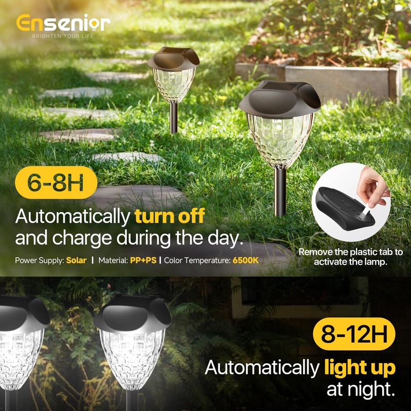 Ensenior 8-Pack Solar Lights Outdoor, Auto ON/Off 6500K LED Solar