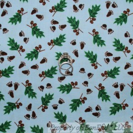 Unbranded BonEful Fabric FQ Cotton Quilt Blue Brown Bear Small PAW Print Green Leaf Acorn