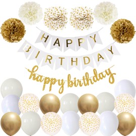 Happy Birthday White Gold Birthday Party Decoration Set Birthday Garland Balloons White Gold Balloons 6 Pompoms Birthday Decoration Girls