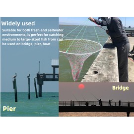 32in x 37in Folded Bridge and Pier Fishing Net, More Coarse Soft Steel Hoop, Colourful Dual-Line Construction，Heavy-Duty Fishing Cast polyethylene Fiber line Mesh Net, Drop Net/Rope/Storage Bag