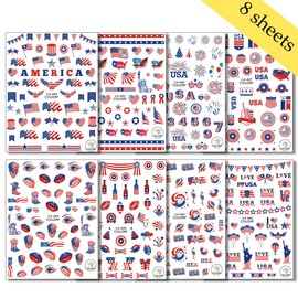 8Sheets 4th of July Nail Art Stickers Independence Day Nail Decals 3D Self Adhesive Nail Supplies American Flag Eagle Fireworks Design Classic USA Independence Day Elements Nail Decoration Accessories