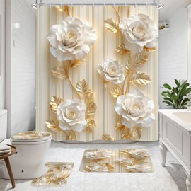 NBVKO 4Pcs Luxury White Rose Shower Curtain Set with 12 Hooks Non-Slip Rugs,Toilet Lid Cover and Bath Mat,Gold Bathroom Decor for Hotel & Home Bathroom