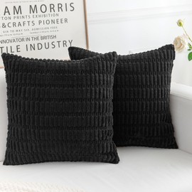 HERAYLI Corduroy Decorative Throw Pillow Covers, Boho Stripe Soft Square Cushion Case Home Decor for Living Room Couch Bed Sofa, Set of 2 Pack, Black, 18x18 Inch, HPC-D24C2