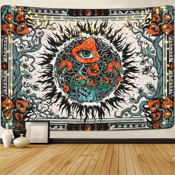 Yrendenge Mushroom Tapestry Burning Sun Wall Tapestry Eyes Wall Hanging Mandala Vines Tapestries Funny Moon Phase Decorative Wall Hanging For Bedroom Aesthetic 83 * 59 inch (210 * 150cm)