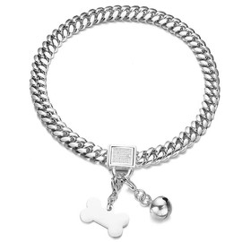 Aiyidi Dog Chain Collar Silver Cuban Link Dog Necklace with Cubic Zirconia Design Buckle Collar with Dog tag, Bell,10/14/18MM Wide Stainless Steel Walking Training Collar for Dogs (10mm,12'')