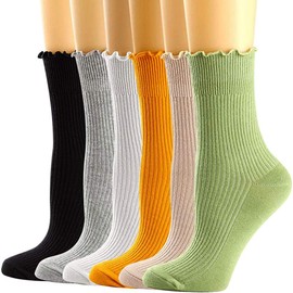 Mcool Mary Womens Crew Socks Ruffle Turn-Cuff Dress Socks Casual Cotton Knit Warm Comfy Lettuce High Ankle Socks For Women 6 Pack