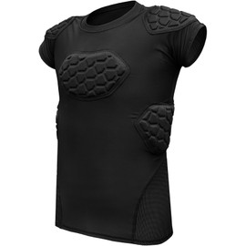 Exxact Sports Elite 6-Pad Adult Padded Football Shirt with Chest, Shoulder, Ribs & Spine Protection, Mens Football Padded Compression Shirt (Black, Adult Small)