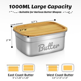 Butter Dish with Lid for Countertop, Stainless Steel Butter Holder Container, Bamboo Cover, Airtight Butter Keeper for Refrigerator, Easily fits 2 Sticks of East West Coast Butter(Large)