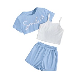 OYOANGLE - Conjunto de 3 piezas de verano para niña, playera corta con estampado gráfico y playera con pantalones cortos, Azul/claro, 9 Años