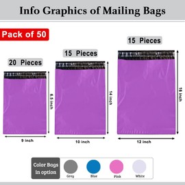 Purple Packaging Bags Postage Bags Shipping Bags Mixed Pack of 50 Size (6.5x9, 10x14, 12x16) Postage Bags for Clothes for Mailing & Posting Packwith®