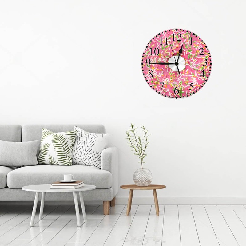 KEEPSUPER Pink Donuts Wall Clock Stripes Glaze and Colored Splashes