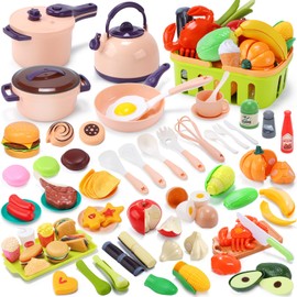 Pretend Play Set, Cute Stone, 129 Pieces, Kitchen Toy, Storage Basket Included, Educational Toy, DIY, Cutting Food, Vegetables, Fruits, Cookware, Pretend Cooking, Parent-child Play, Girls, Boys