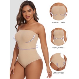 SHAPERIN Women Strapless Shapewear Bodysuit Tummy Control Push Up Shaping Bodysuit Seamless Body Shaper Compression Leotard Bandeau Bodysuit Top, Beige, M