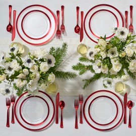 By Madee HEAVYWEIGHT 150 PC Christmas Plastic Plates and Cutlery | Clear and Red Christmas Dinnerware Set | Fancy Disposable Plates for Weddings, Birthdays & Holiday (25 Guests)
