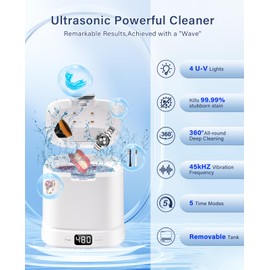 IAULF Ultrasonic Retainer Cleaner Machine, Dental Cleaning Pod, Sonic Retainer Cleaner Machine with Digital Timer for Dentures, Aligners, Braces, Night Guards, Jewelry 45kHz/319ml (White)