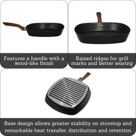 IMUSA 11-Inch PFAS Free Ceramic NonStick Grill Pan, Aluminum Griddle Pan with Cool-Touch WoodLook Handle, Large Cooking Surface for Burgers, Steaks, Vegetables, Sandwiches & BBQ