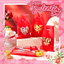 Motipuns 100 Pcs Valentine's Day Gift Bag with Handle Plastic Candy Bag with Heart Shaped Window 9.84''x6.5'' Party Favor Bag for Goodie Treat Holiday Valentines Wedding Mother's Day Supplies(Red)