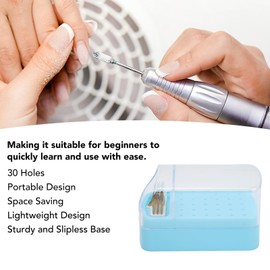 Nail Drill Bit Holder with Cleaning Brush, 30 Holes Nail Art Drill Bits Stand, Manicure Tools Display Storage and Nail Drill Cleaner (blue)
