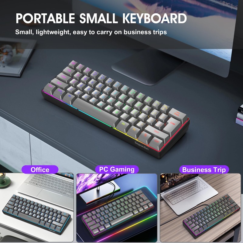 Snpurdiri 60% Wired Gaming Keyboard, RGB Backlit Ultra-Compact 61 Keys