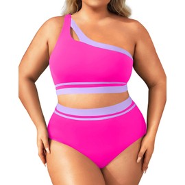 Aqua Eve - Traje de baño de dos piezas de talle alto para mujer, talla grande, con un hombro, Rosado y morado, 20 Plus