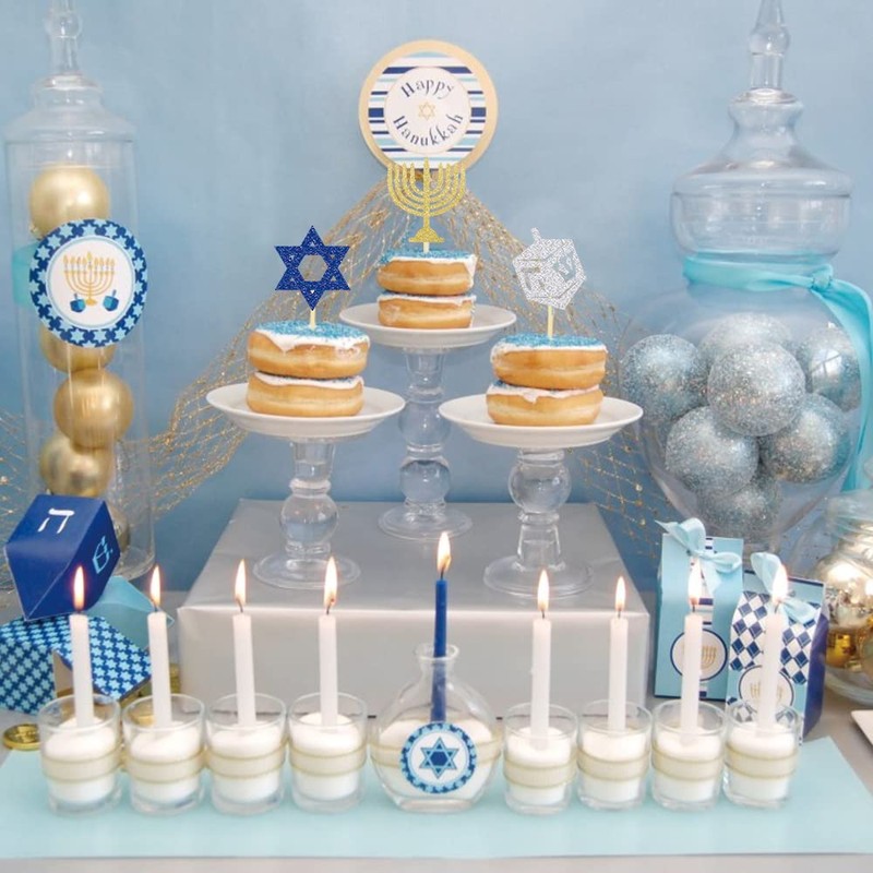 24Pcs Hanukkah Cupcake Toppers, Glitter Star of David Candlestick Hexagram