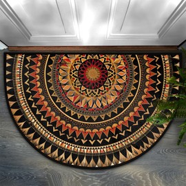 Half Round Door Mat Ethnic Circle Flower Mandala Half Moon Rug Washable Half Circle Area Rugs Indoor Entrance Non Slip Semi Circle Bathroom Rugs Floor Carpet for Kithen Bedroom Fireplace Decor
