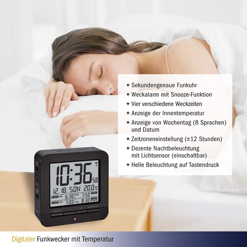 TFA Dostmann 60.2536 Digital Radio Controlled Alarm Clock with 4