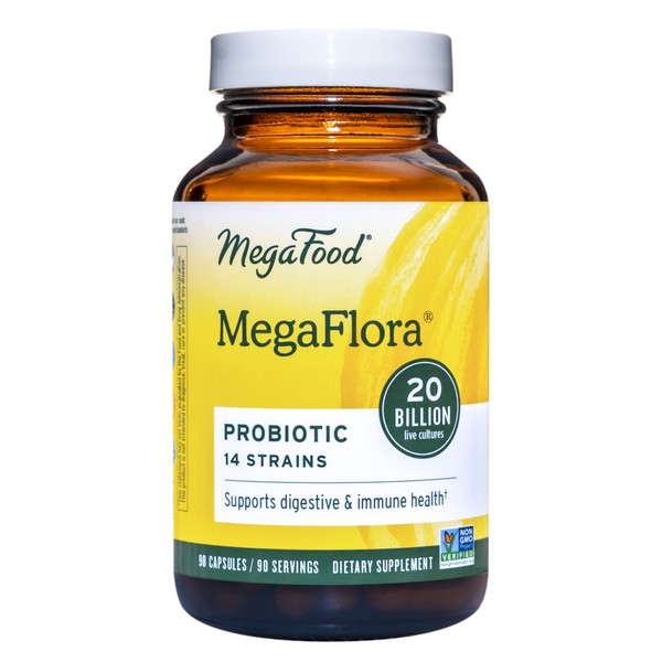 MegaFood MegaFlora Probiotic - Digestive Support Supplement with 20 Billion CFU - 14 Probiotic Strains - Gluten-Free - Made without Dairy or Soy - Vegan - 90 Caps