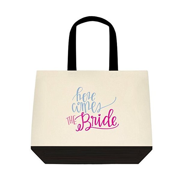 "Here Comes the Bride" Wedding Bride Tote Bag (large with black trim)