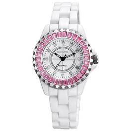 Gosasa Womens Luxury Wrist Watch Fashion Rhinestone White Ceramic Watch Casual Lady Nice Dress Watches (Pink)