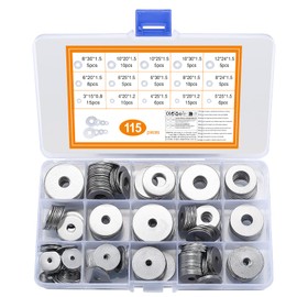 115 Pcs Large Flat Washer Set, Stainless Steel Washers, Lock Washers Assortment Kit, Metal Disc Nuts, 15 Sizes M3/M4/M5/M6/M8/M10/M12 (115 silver)