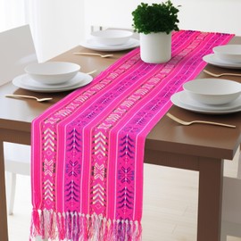 Windkream 4 Pack Mexican Pink Table Runner 14 x 86 Inch Woven Style Fiesta Theme Party Fringe Cotton Decoration for Fiesta Cinco De Mayo Party Wedding Table Runner