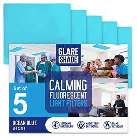 GlareShade Fluorescent Light Covers for Ceiling Lights (5 Count) – Easy Install Magnetic Light Filters for Classroom and Office Provide Relief from Glare, Headaches, and Eyestrain – Ocean Blue