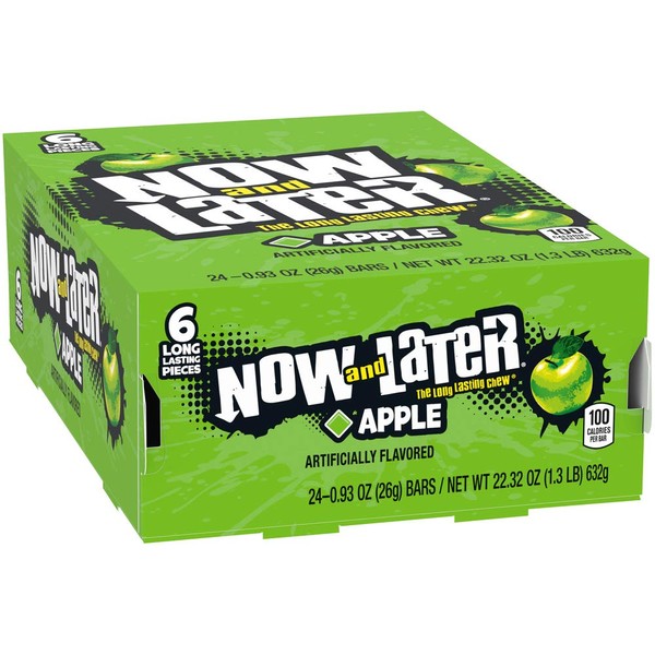 Now & Later Original Taffy Chews Candy, Apple, 0.93 Ounce Bar, Pack of 24
