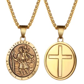 Flonge Men's Saint Christopher Necklace: Stainless Steel St Christopher Pendant Medal Necklace Cross Necklace Religious Amulet Jewelry Gift For Men Women Gold
