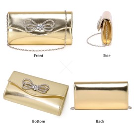 DETARA Women Evening Handbag Shiny Crystal Bow Flap Clutch Purse for Women Wedding Party Prom Purse (G-Gold 9118)
