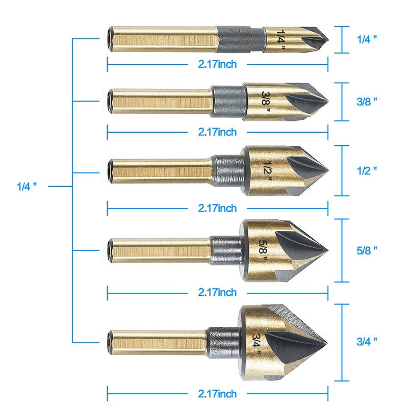 Countersink Drill Bit Set, 5 Pieces, 82 Degree, Countersink in