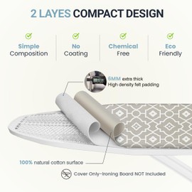 UniSimp Ironing Board Cover and Pad 18x49- Extra Thick Natural Cotton, Scorch and Stain-Resistant Iron Board Cover, Wide Ironing Board Cover with Metal Fasteners Heavy Duty Heatproof Elastic Edge