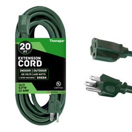Thonapa 13 Amp Outdoor Extension Cord 20 ft, 16/3 SJTW 20ft Green Extension Cord 3 Prong, Weatherproof Exterior Extension Cord for Outdoor Lights, Landscaping & Lawn - US Veteran Owned