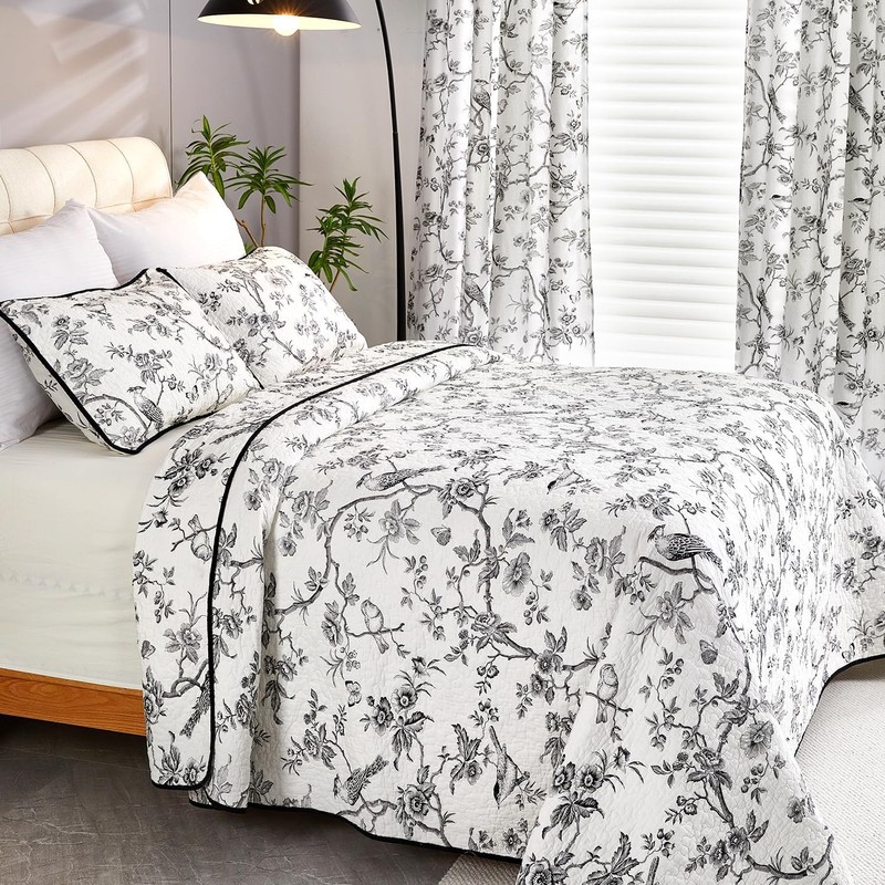 EVENHUG 100% Cotton Quilt Twin Size Black Bird Bedding Set