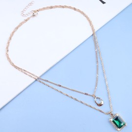 Atentuyi Layered Necklaces Gold Chain Choker Pendant Emerald Necklace Square Necklace Vintage Green Gem Necklace Birthstone Crystal Necklace Multilayer Necklace Jewelry for Women and Girls
