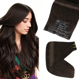 Full Shine 20 Inch Seamless Clip in Hair Extensions Human Hair Color #2 Darkest Brown Real Hair Clip in Extensions Straight Brazilian Clip in Hair Extensions 105 Grams 8Pcs