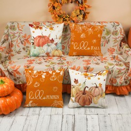 ONWAY Fall Throw Pillow Covers 16x16 Inch Set of 4 Farmhouse Pumpkin Maple Leaves Autumn Decor for Couch Sofa Bed Thanksgiving Seasonal Cushion Cases for Home Outdoor Porch Patio Decorations