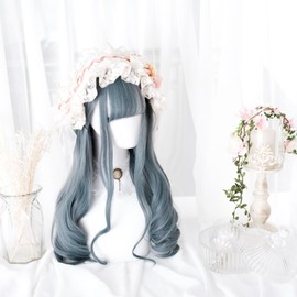 Akixen Women's Wig, Lolita, Long, Curl, Blue Wig, Ash Blue, Harajuku Style, Small Face, Heat Resistant, Cosplay, Hair Net, Fashion, Events, Halloween, Disguise, Festival
