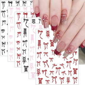 6Sheets Bow Nail Stickers 3D Self Adhesive Colorful Bow Nail Decals Pink Red Black Bowtie Nails Art Stickers Cute French Bows Nails Decorations Supplies for Women Girls DIY Acrylic Manicure Salon